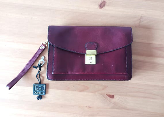 Vintage Deep Red Leather Men's Purse Burgundy Men's Clutch Bag Dark Red Key Lock Wristlet Leather Purse Phone Pouch Bag German Handbag