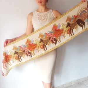 Vintage Silk &quot;Native Horses&quot; Scarf Long Silk Scarf Horses Brown Beige Orange Silk Scarf Horse Lovers Lightweight Neck Silk Scarf