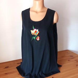 Vintage Womens Black Sleeveless Top Size L Black Flower Embroidery Front Blouse Black Solid Top Decorated Flower Tank Top Under Jacket Top