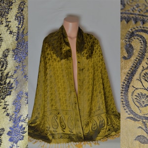 Vintage Women Gold Silk Scarf Long Floral Print Scarf Paisley Print Scarf Yellow Mustard Long Silk Scarf Jacquard Gold Silk Scarf Fringes
