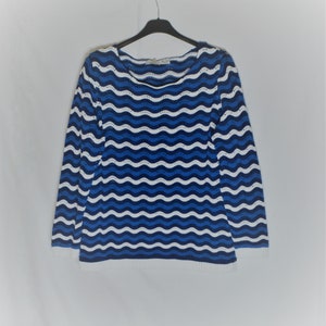 Retro Women Blue White Crochet Knit Top Size L/XL Blue White Striped Knitted Crochet Top Pullover Spring Boho Festival Top Crochet Sweater