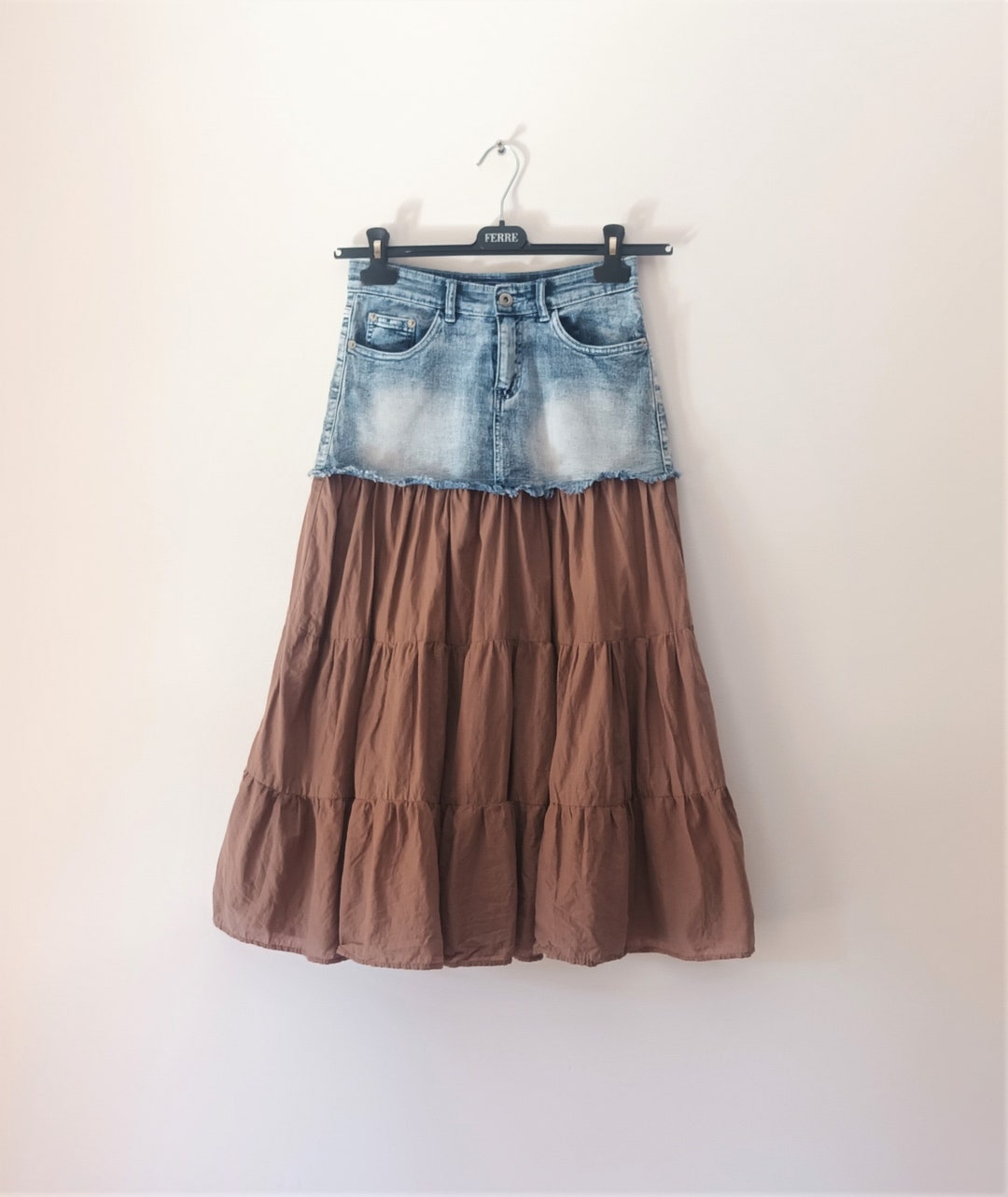 Vintage Women Maxi Boho Denim Skirt Size XS Blue Brown Denim Gypsy