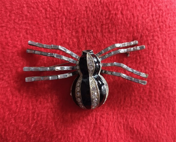 Vintage Enamel Black Spider Brooch with Rhineston… - image 3