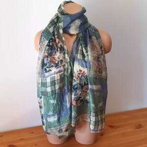 Vintage Women Blue Green Floral Silk Scarf Long Silk Scarf Green Blue Flowers Scarf Long Floral Scarf Multicolored Lightweight Neck Scarf