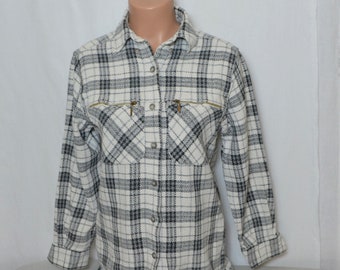 Vintage Women White Black Plaid Shirt Size S/XS Heavy Cotton Grunge Checked Shirt Made in Italy Black White Hipster Overshirt 1990s