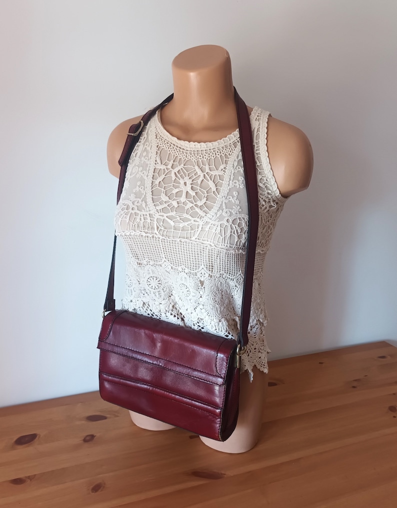 Vintage Women Burgundy Leather Flap Bag Burgundy Leather Shoulder Bag Maroon Messenger Bag Burgungy Leather Crossbody Bag Wine Flap Bag image 2