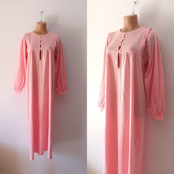 Vintage femme rose coton longue chemise de nuit taille S manches longues rose maxi jersey nuisette rose pleine longueur robe de nuit vetements de nuit Maxi nuisette Etsy France