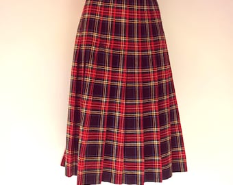 Vintage Women Red Plaid Pleated Skirt Size L Red Black Midi Pleated Skirt Below Knee Tartan Skirt Winter Skirt Checked Pleated Midi Skirt