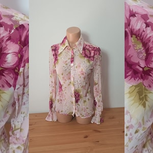 Vintage Women Floral Pink Blouse Size XS/S Pink Fuchsia Semi Sheer Blouse Long Sleeve Multicolored Pressed Shirt Button Down Top Y2K Style