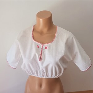 Vintage White Dirndl Cotton Crop Top Size L/42 White Dirndl Blouse Short Sleeve Cotton Shirt Trachten Top Under Dress Dirndl Peasant Top