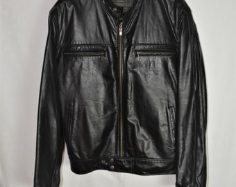 Vintage Men's Leather Black Jacket Size L Genuine Leather Black Solid Bomber Motorcycle Jacket Greek Biker Bomber Grunge Rock Style Jacket