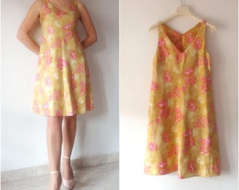 Vintage Mustard Yellow Pink Floral Silk Dress Size XS Pink Yellow A Line Midi Floral Dress Sleeveles Floral Summer Knee Length Silk Dress