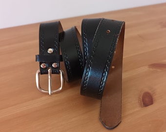 Vintage Men's Large Black Leather Belt Genuine Leather Belt Solid Belt Casual Minimalist Leather Belt Square Silver Buckle France Black Belt