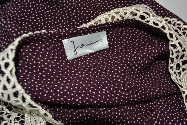 Vintage Blouse with Lace Collar Burgundy Polka Dot Print Long Sleeve Blouse Top with White Ecru Lace Collar Size Large Shell Buttons Shirt