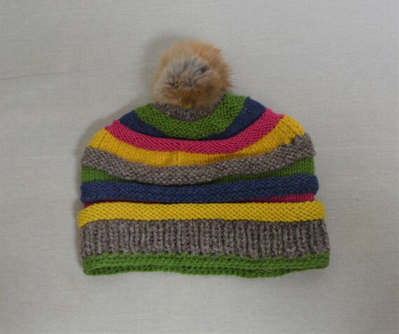 Vintage Kids Knitted Wool Rainbow Beanie with Fur… - image 8