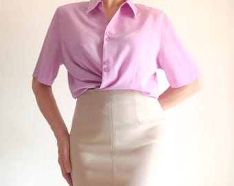 Vintage Womens Pink Blouse Size L Pink Solid Buttoned Blouse Short Sleeve Classic Decorated Collar Shirt