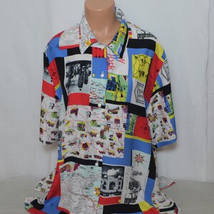 Vintage mujer camisa tamaño L/XL mapa del mundo impresión manga corta camisa viscosa brillante mapa del mundo abstracto brújula impresión rojo azul verde camisa