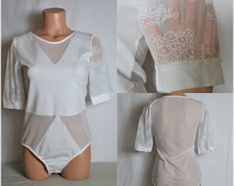 Vintage Women White Mesh Lace Bodysuit Size L See Through Teddy Bodysuit White Sheer Tight Stretch Snap Short Sleeve One Piece Sheer Back