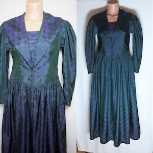 Rare Vintage Women Silk Dirndl Maxi Dress Size S/M Jacquard Green Purple Chameleon Long Dress Long Puffy Sleeve Renaissance Fairytale Dress image 1