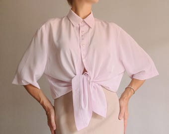 Vintage Womens Pink Blouse Size L/44 Pale Pink Shirt Embroidered Front Blouse Short Sleeve Pink Buttons Classic Solid Collared Shirt 90's