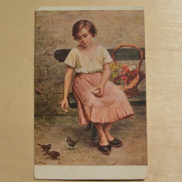 C.CHRETIEN-COLOMB Les Amis Postcard No 1336 Friends Salon de Paris Postcards Printed in Paris Collectible Postcards Lapina Girl Feeds Birds