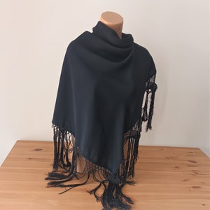 Vintage Women Large Black Square Scarf with Fringes Solid Print Large Scarf with Fringes Folk Ethnic Shawl Scarf Black Cover Up Black Wrap