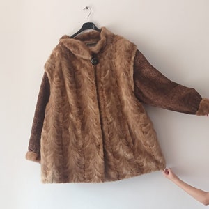 Vintage Women Brown Mink Fur Coat Size XXL/48 A Line Mink Fur Jacket Suede Sleeves Brown Bridal Fur Coat Knee Lenght Fur Oversized Coat