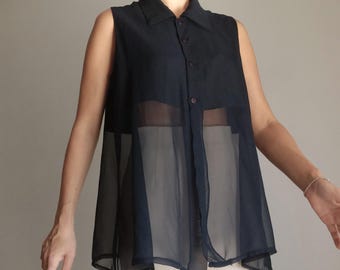 Vintage Womens Black Semi Sheer Blouse Size M Black See Through Solid Blouse Sleeveless Buttoned Sheer Mesh Layered Shirt Transparent Blouse