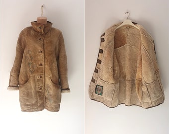 Vintage Women Beige Shearling Sheepskin Coat Size L Dirndl Beige Sand Suede Sheepskin Midi Jacket Bavarian Trachten Real Suede Sherpa Jacket