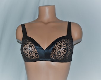 Pastunette vintage negro encaje sujetador tamaño 75B / 34B Ver a través de encaje Bralette mujeres lencería negro pura sujetador no cableado no acolchado suave satinado sujetador