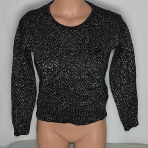 Suéter de punto vintage de lana y lurex negro para mujer, talla S, negro y plateado, jersey de punto con mangas 3/4, jersey brillante