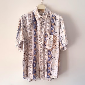 Vintage Men&#39;s Beige Blue Shirt Size M Beige Blue Linen Viscose Abstract Floral Shirt Short Sleeve Collared Chest Pocket Geometric Shirt