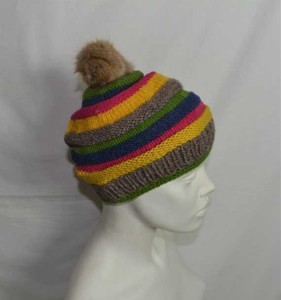 Vintage Kids Knitted Wool Rainbow Beanie with Fur… - image 4