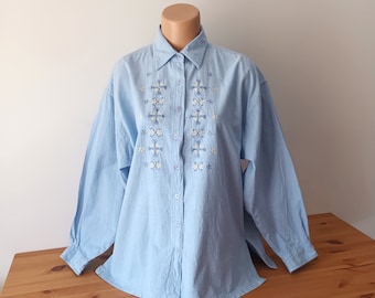 Vintage Women's Blue Cotton Shirt Size L/42 Light Blue Embroidered Floral Shirt Long Sleeve Buttons Cotton Shirt Light Blue Rustic Shirt