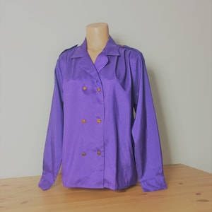 Vintage Women Purple Shirt Size L Purple Shirt with Gold Buttons Sailor Nautical Style Top Shoulder Straps Blazer Long Sleeve Purple Shirt