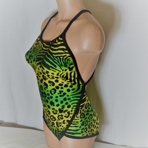 OLYMPIA Vintage One Piece Sport Swimsuit Size M Black Green Yellow Swimwear Animal Print 1-Piece Bathing Suit Open-Back Multicolor Swimsuit