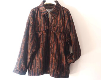 Anorak vintage pour hommes taille L veste de ski abstrait tribal extérieur noir orange anorak demi-zippé hiver snowboard ski à capuche rétro