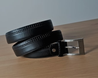 Vintage Men's Black Leather Belt Genuine Leather Belt Size XXL Black Solid Casual Minimalist Leather Belt Square Silver Buckle Simple Belt