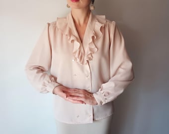 Vintage Women off White Satin Blouse Size M Ecru Satin Shirt Long