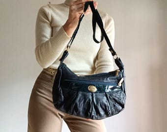 Vintage Womens Dark Blue Leather Saddle Bag Patchwork Deep Blue Shoulder Bag Leather Cross Body Bag Mini Hobo Bag Casual Small Blue Bag