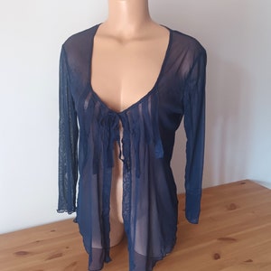 Vintage Women Dark Blue Sheer Blouse Top Size S Navy Blue See Through Blouse Long Sleeve Ties Front Sheer Sexy Mesh Layer Top Mesh Cardigan