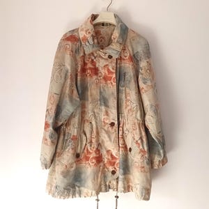 Chaqueta vintage beige para mujer, talla L/44, cortavientos con estampado floral, chaqueta ligera de gran tamaño, chaqueta retro con estampado abstracto beige, azul claro y terracota