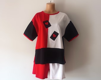 Set pigiama vintage da donna, taglia S/M, set pigiama rosso nero bianco, regina di picche, retro, top a maniche corte, pantaloncini, set pigiama in cotone, abbigliamento per la casa