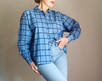 Vintage Damen Blau Schwarz Kariertes Baumwollhemd Größe L Blaues kariertes Hemd mit langen Puffärmeln Geknöpft Baumwollkragenhemd blaue Baumwollbluse