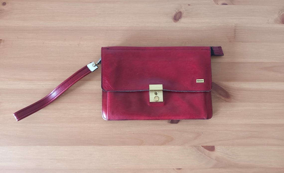 Vintage Deep Red Leather Men's Purse Handmade Men's Clutch Bag Dark Red Zipped Wristlet Leather Purse Phone Pouch Bag Zipped Leather Handbag, foto 3 di 5