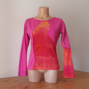Vintage Women Y2K Style Mesh Fuchsia Top Size S Red Orange Semi Sheer Long Sleeve Top Sexy Cotton Mesh 00&#39;s Shiny Lurex Blouse Top