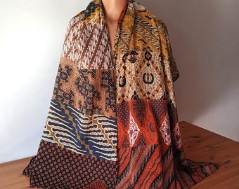Vintage Brown Beige Cotton Scarf Pressed Cotton Long Scarf Boho Rustic Floral Print Scarf Earth Tone Color Neckscarf Hippie Multicolor Scarf