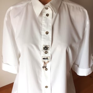 Vintage Women&#39;s White Dirndl Shirt Size XL/48 White Trachten Folk Tyrol Oktoberfest Bavarian Button Shirt Short Sleeve Decorated Front Shirt