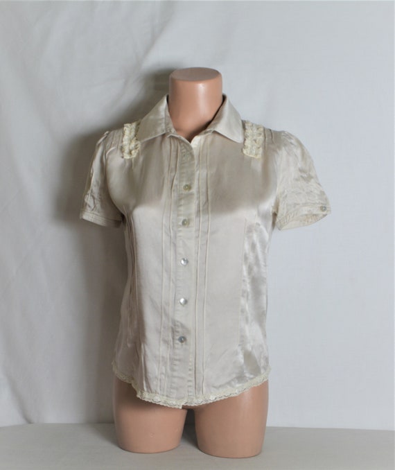 Vintage Women Silk Blouse Size XS Beige Silk Blous