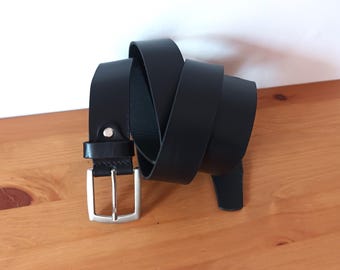 Vintage herrbälte i plusstorlek, svart läder, massivt silverfärgat, fyrkantigt spänne, äkta läder, svart, avslappnat, minimalistiskt läder, tillverkat i Tyskland